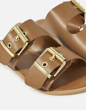 Chunky Buckle Leather Sandals , Tan (TAN), large