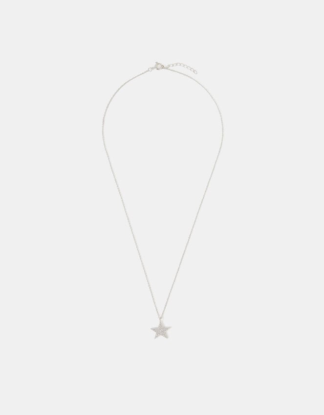 Sterling Silver Diamanté Star Pendant Necklace, , large