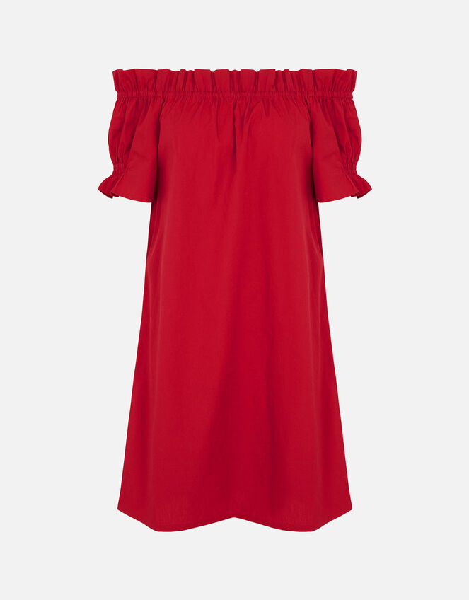 Poplin Frill Bardot Dress , Red (RED), large