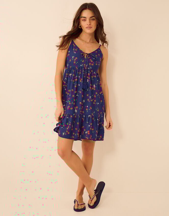 Cherry Print Tassel Tie Mini Dress, Blue (NAVY), large