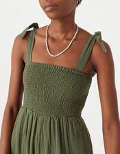 Seersucker Tie Shoulder Jumpsuit, Green (KHAKI), large