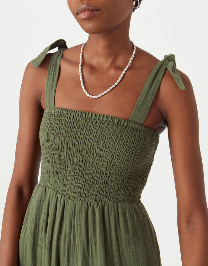 Seersucker Tie Shoulder Jumpsuit, Green (KHAKI), large
