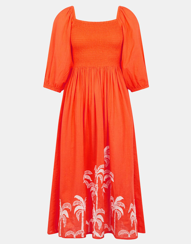 Palm Embroidered Puff-Sleeve Midi Dress, Orange (CORAL), large
