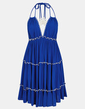 Contrast Stitch Halter Mini Dress, Blue (BLUE), large