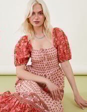Shell Print Puff Sleeve Midi Dress, Orange (CORAL), large