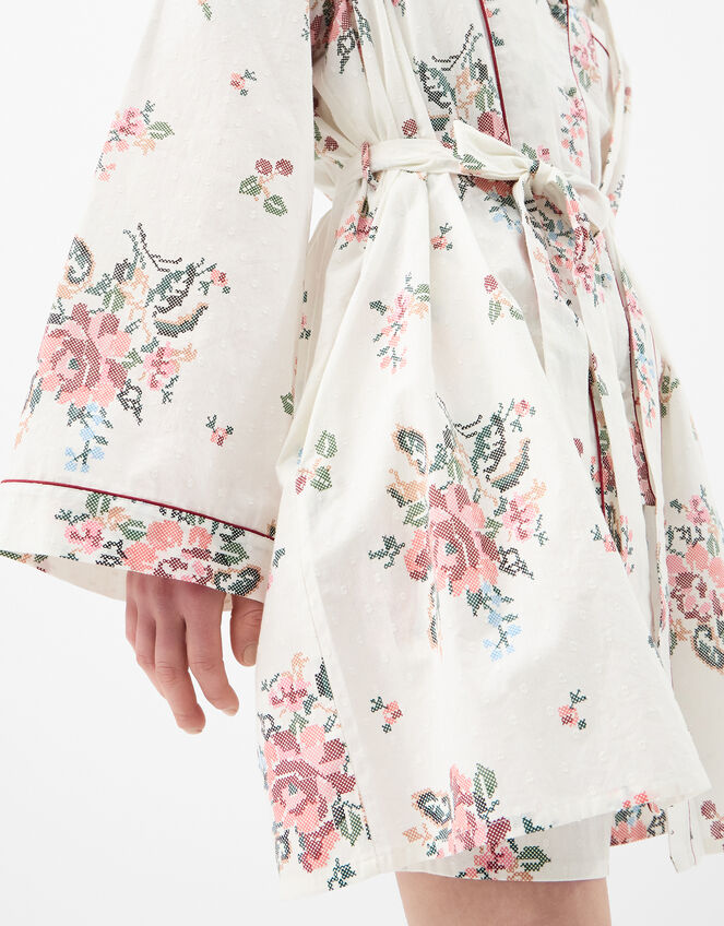 Floral Print Short Dressing Gown, Ivory (IVORY), large