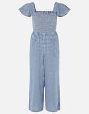 Gingham Print Smocked Jumpsuit, Blue (NAVY), large