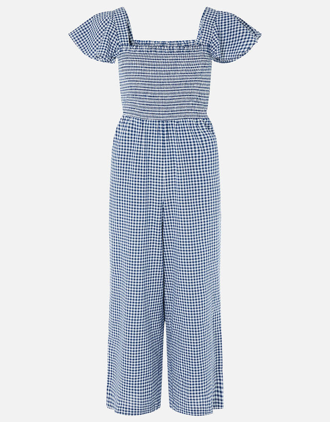 Gingham Print Smocked Jumpsuit, Blue (NAVY), large