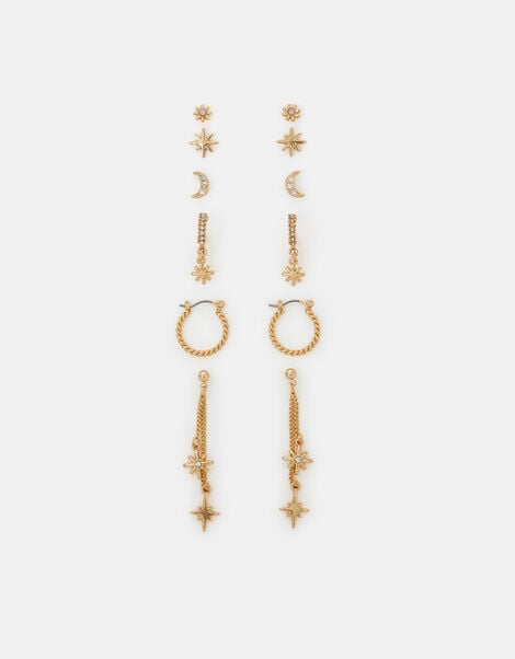 6-Pack Celestial Chain Stud and Hoop Earrings Gold, , large