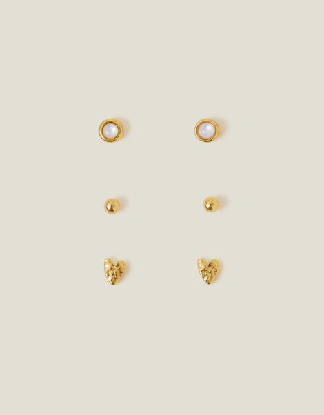 3-Pack 14ct Gold-Plated Heart Stud Earrings, , large