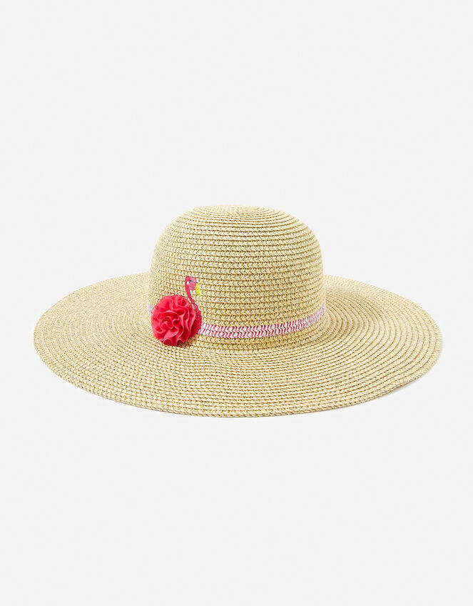 Girls Flamingo Floppy Hat, Natural (NATURAL), large