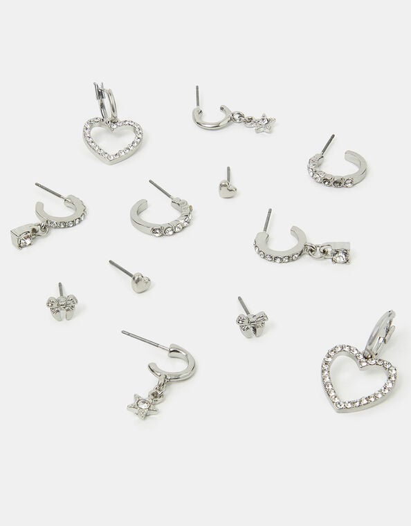 6-Pack Pavé Heart Stud and Hoop Earrings Silver, , large