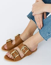 Chunky Buckle Leather Sandals , Tan (TAN), large