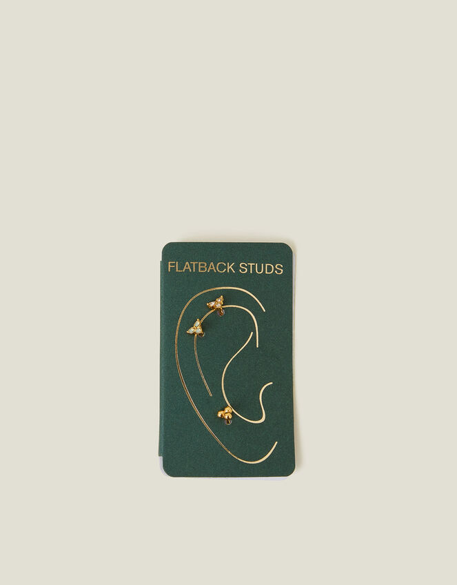 3-Pack 14ct Gold-Plated Crystal Flatback Stud Earrings, , large