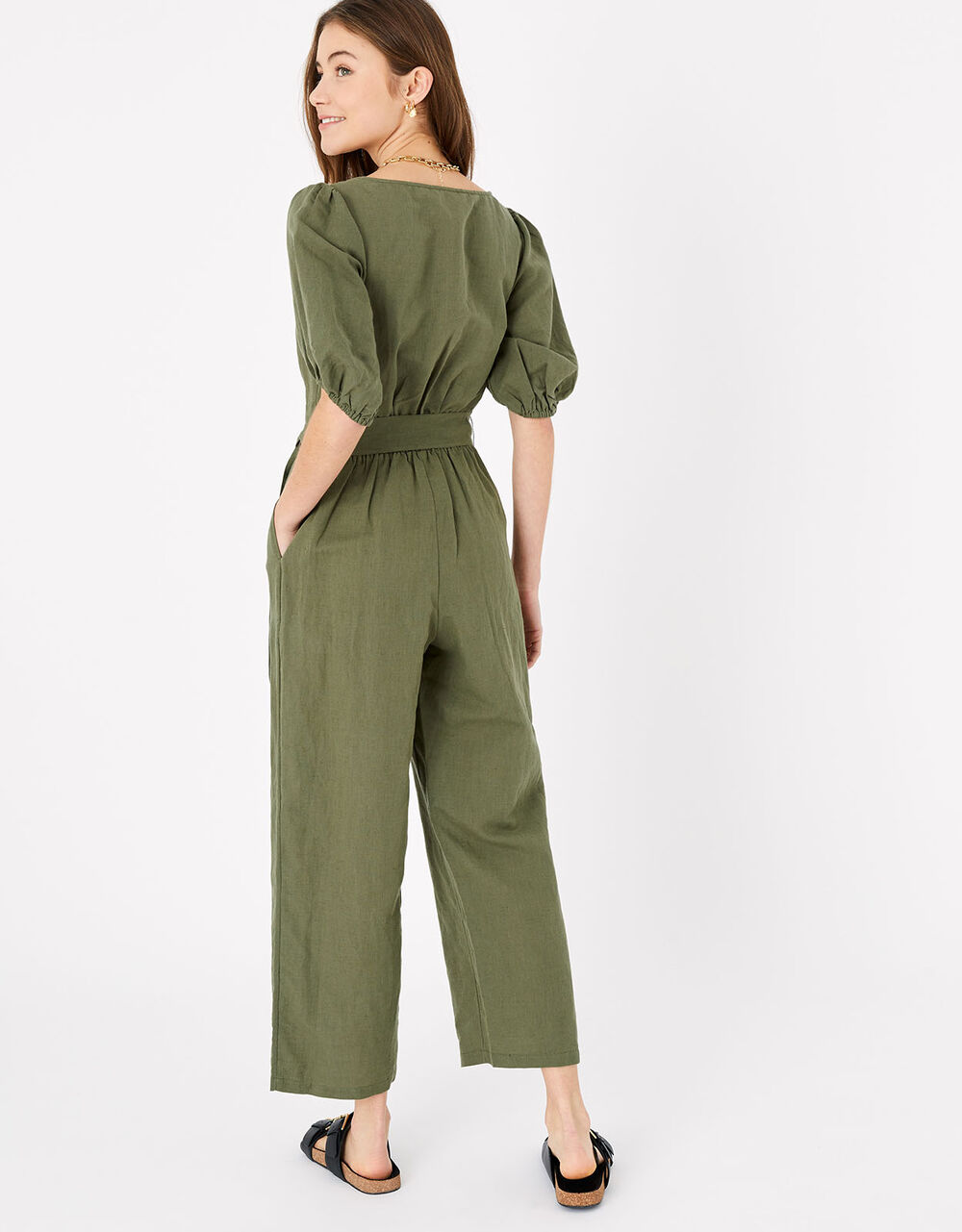 Puff Sleeve Jumpsuit in Linen Blend Green | Summer holiday jumpsuits ...