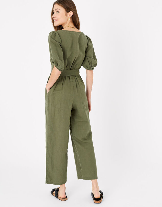 Puff Sleeve Jumpsuit in Linen Blend, Green (KHAKI), large