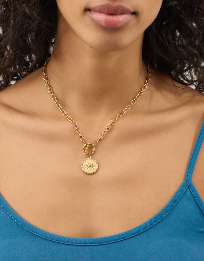 Stainless Steel Sun Coin Pendant Necklace, , large