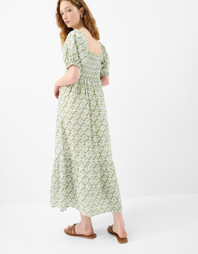 Floral Print Puff Sleeve Maxi Dress, Green (KHAKI), large
