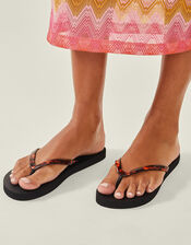 Tortoiseshell Strap Flip Flops, Black (BLACK), large