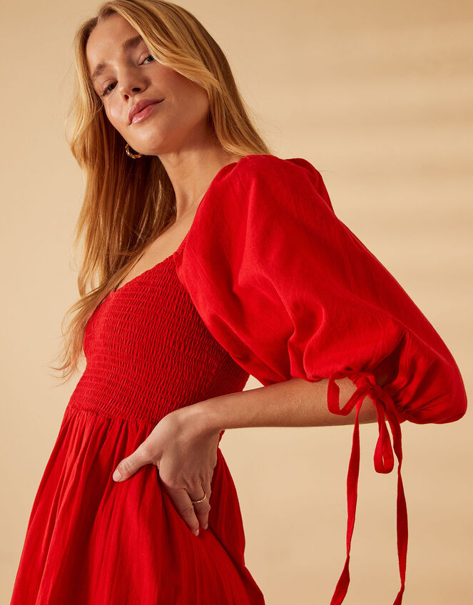 Puff Sleeve Textured Midi Dress, Red (RED), large