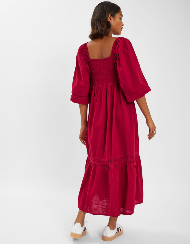 Twist Puff-Sleeve Midi Dress, Red (RED), large