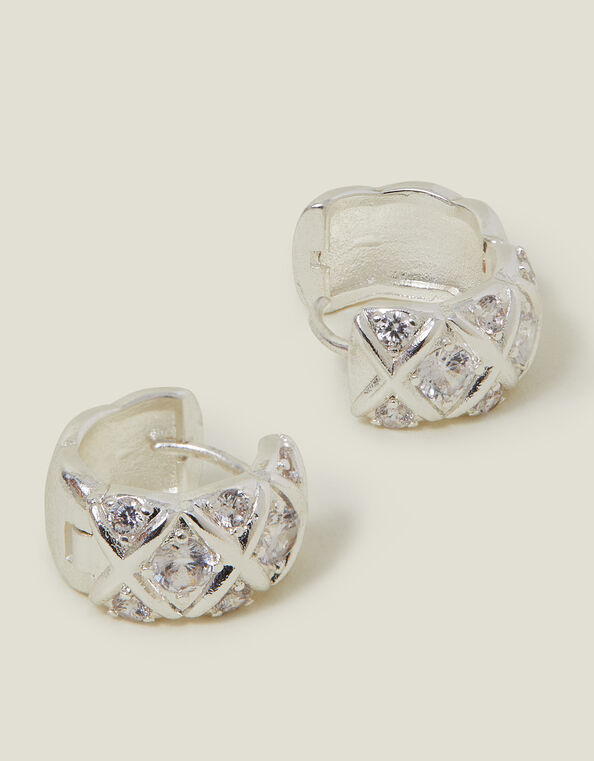 Sterling Silver-Plated Diamanté Check Hoop Earrings, , large