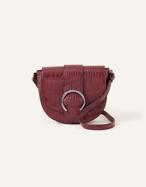 Faux Croc Ring Detail Saddle Bag, Red (BURGUNDY), large