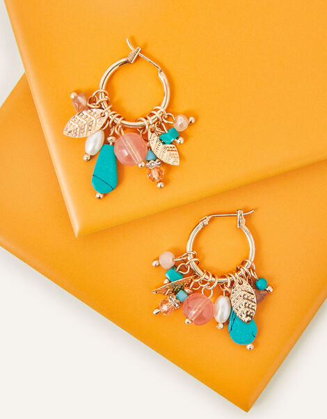 Beaded Pearl Leaf Hoop Earrings, , large