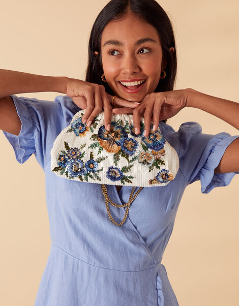 Floral Hand-Embellished Clip Frame Clutch, , large