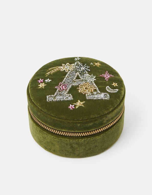 Round Initial Velvet Jewellery Box, Green (OLIVE), large