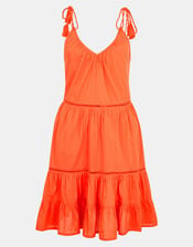 V-Neck Tiered Cotton Mini Dress, Orange (ORANGE), large