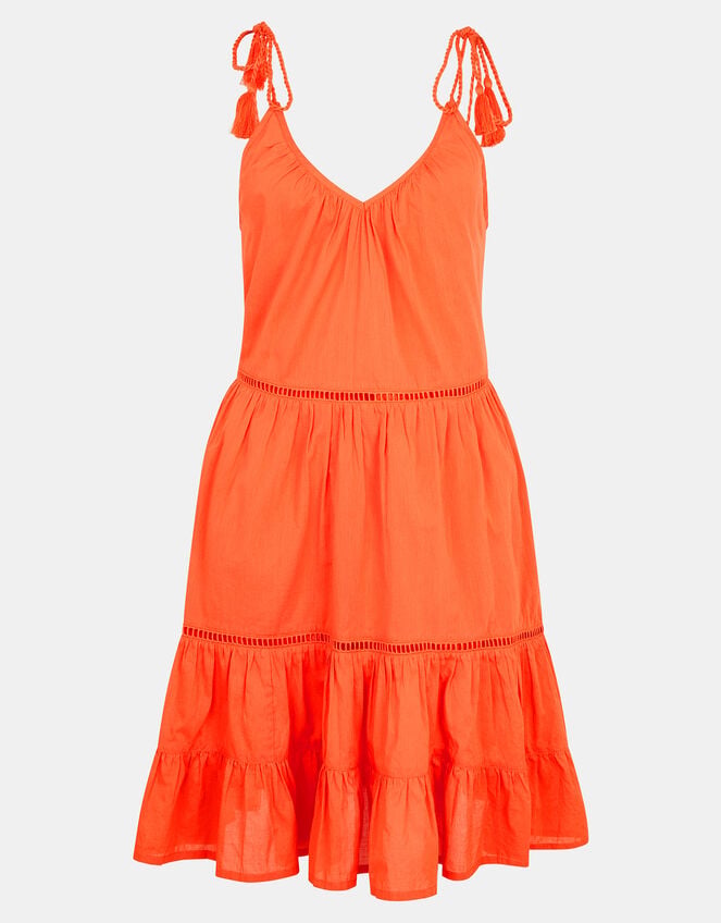 V-Neck Tiered Cotton Mini Dress, Orange (ORANGE), large