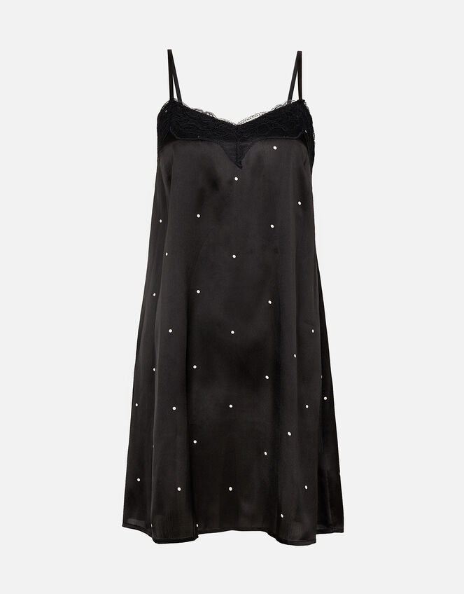 Spot Satin Slip Dress, Black (BLACK), large