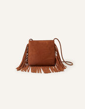 Leather Fringe Cross-Body Bag, Tan (TAN), large