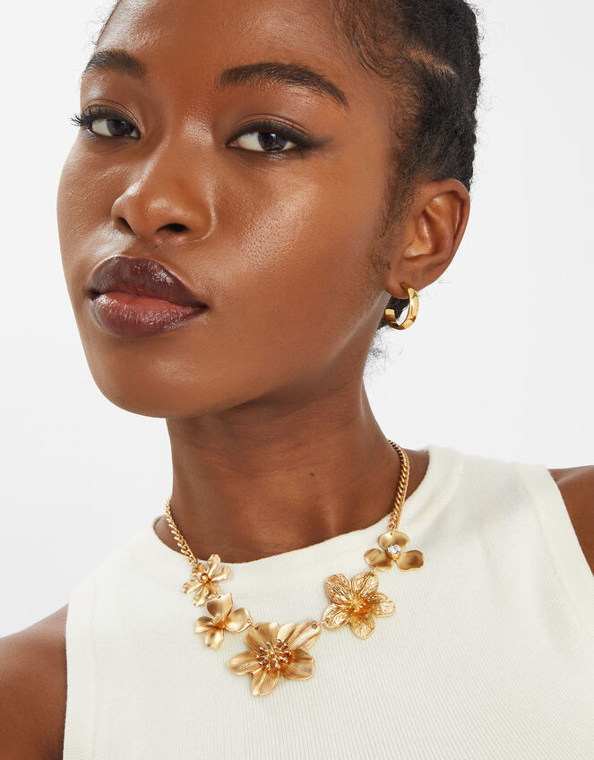 Statement Flower Chain Necklace Gold, , large