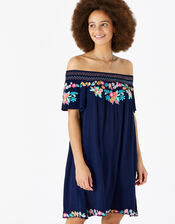 Embroidered Bardot Dress, Blue (NAVY), large