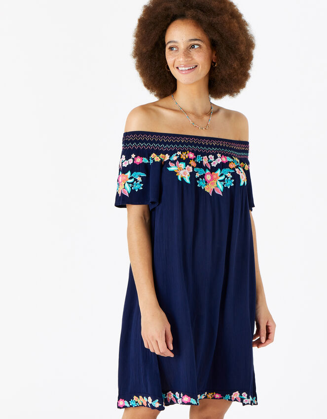 Embroidered Bardot Dress, Blue (NAVY), large