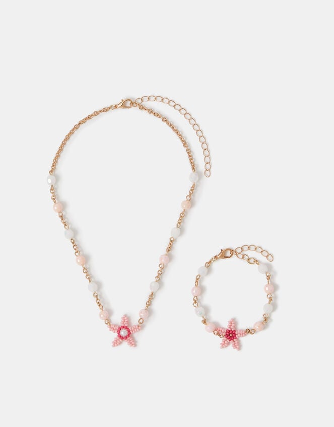 Girls Starfish Beaded Necklace & Bracelet Set, , large