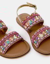 Girls Flower Beaded Strap Sandals, Multi (PASTEL MULTI), large