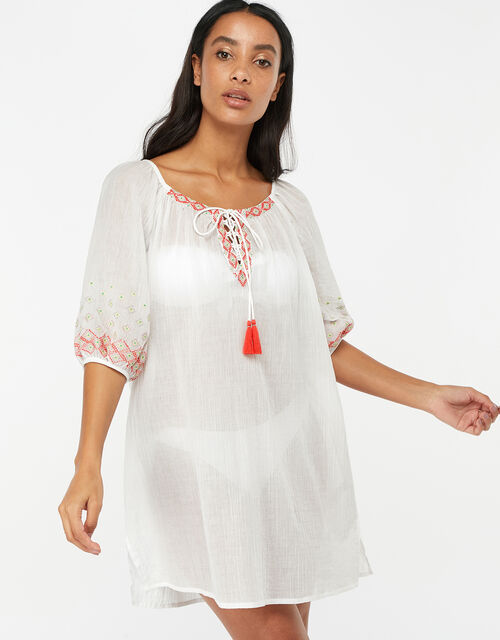 Evie Embroidered Cotton Crop Sleeve Dress, White (WHITE), large
