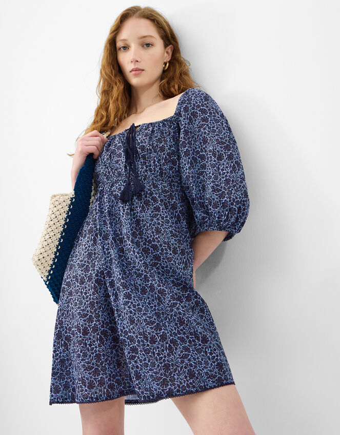 Floral Print Puff Sleeve Mini Dress, Blue (BLUE), large