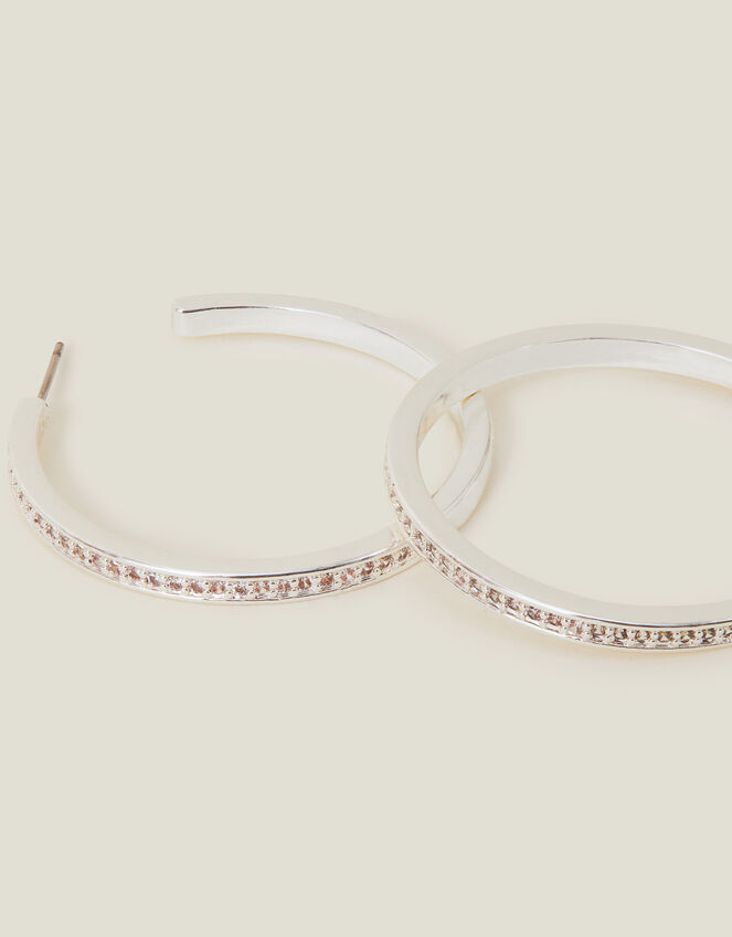 Sterling Silver Plated Crystal Large Hoops, , large