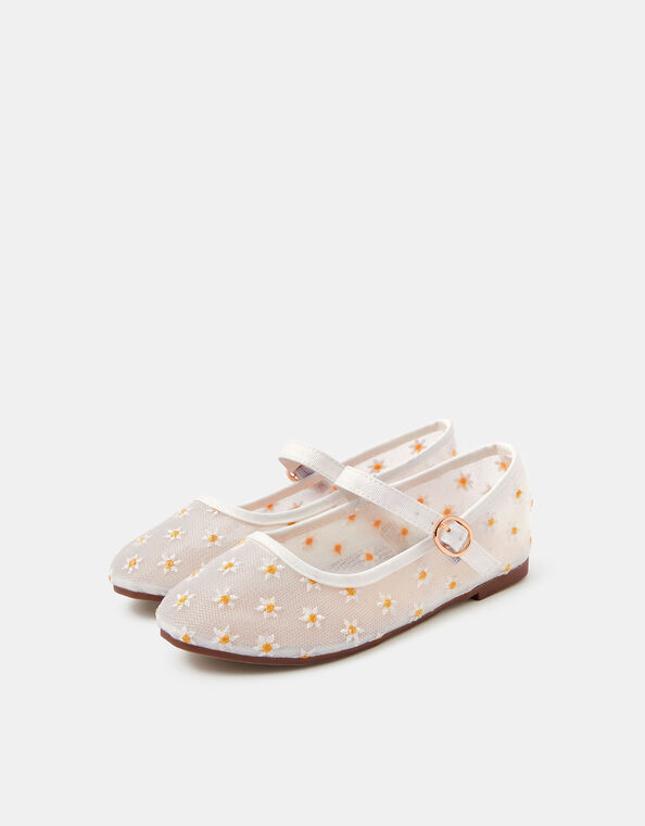 Girls Daisy Mesh Ballet Flats, White (WHITE), large
