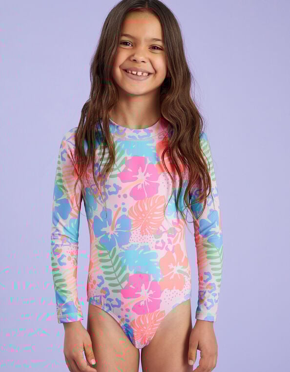 Girls UPF 50+ Tropical Long Sleeve Swimsuit, Orange (CORAL), large
