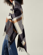 Check Cape Poncho, Blue (NAVY), large
