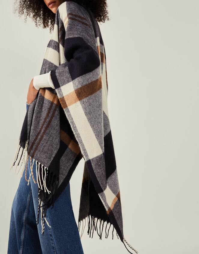 Check Cape Poncho, Blue (NAVY), large
