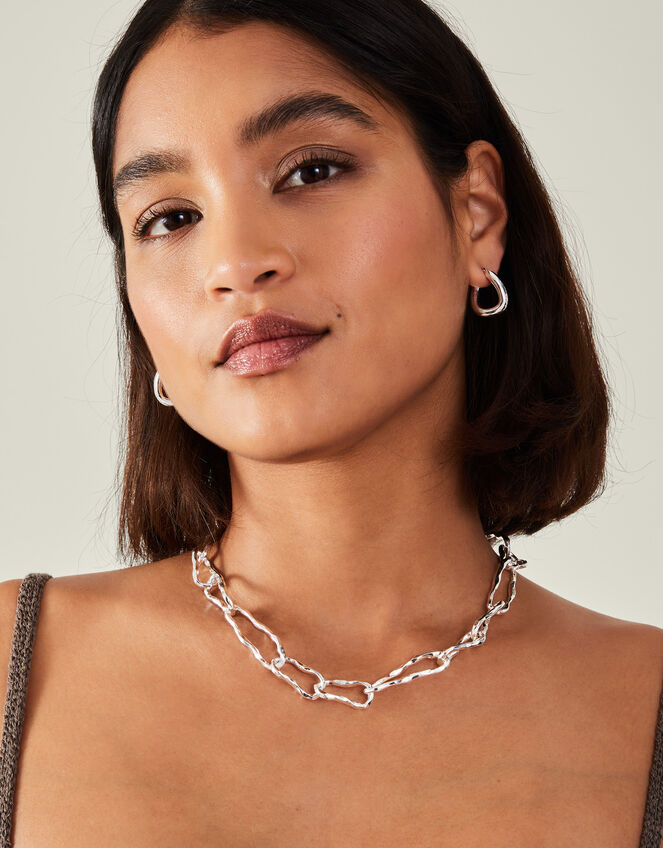 Sterling Silver-Plated Chunky Chain T-Bar Necklace, , large
