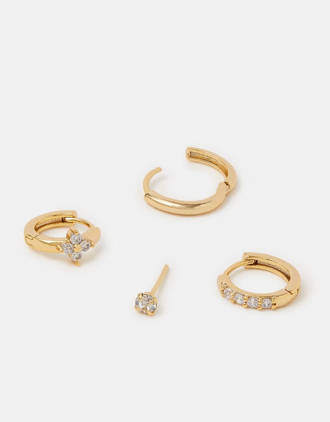 4-Pack 14ct Gold-Plated Stud & Huggie Hoop Earrings, , large