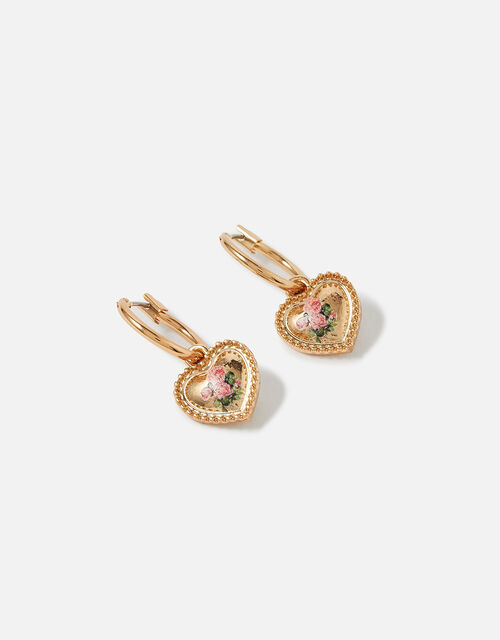 Romantic Ramble Rose Print Heart Earrings, Pink (PINK), large