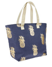 Metallic Pineapple Print Tote Bag, Blue (NAVY), large